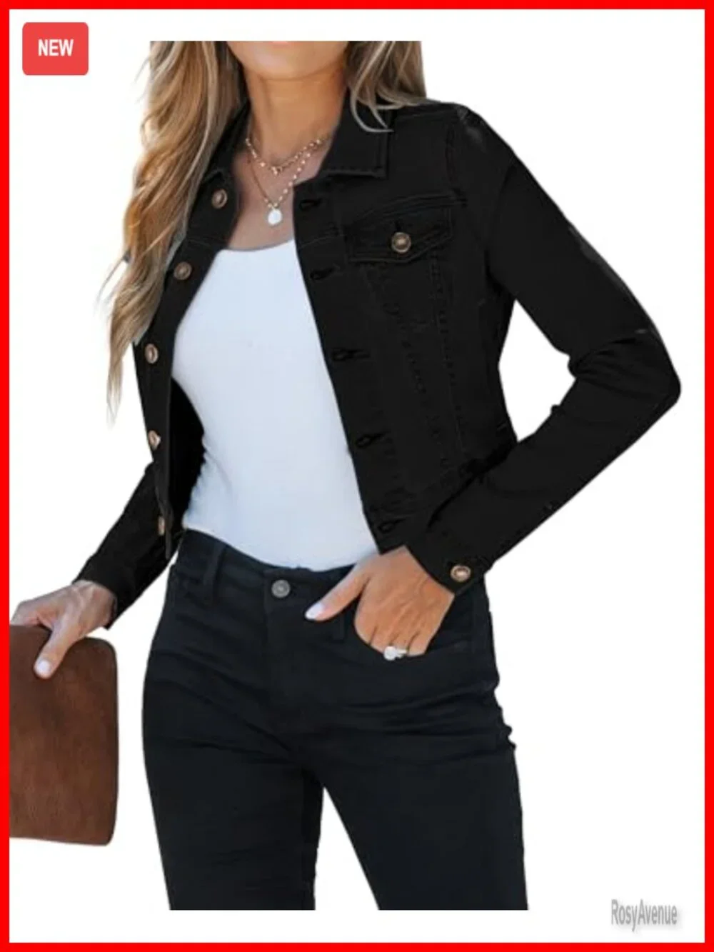 Cropped Denim Jacket with Pockets Stretchy Lightweight Fitted